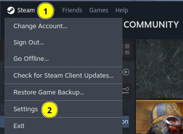 Screenshot of the Steam client with the “Steam” menu open, and the “Settings” entry highlighted